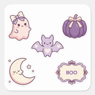 Süßer Rosa Lila Halloween-Geist Fledermaus Kürbis Quadratischer Aufkleber