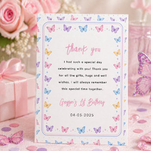 Süßer Rosa Lila Schmetterling 1. Geburtstag für Mä Dankeskarte