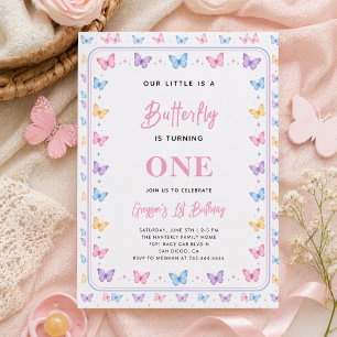 Süßer Rosa Lila Schmetterling 1. Geburtstag für Mä Einladung