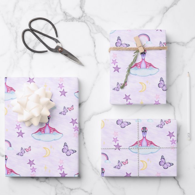 Süßer Rosa Mädchen Geburtstag Dinosaurier Geschenkpapier Set (Vorderseite)