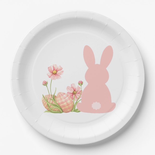 Süßer rosa Osterhase mit Frühlingsblumen  Pappteller (Vorderseite)
