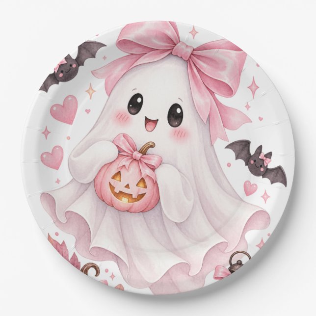 Süßer rosa Schleifen-Geist Halloween-Aufkleber Pappteller (Vorderseite)