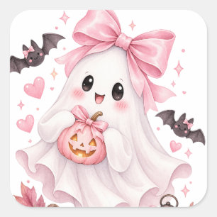 Süßer rosa Schleifen-Geist Halloween-Aufkleber Quadratischer Aufkleber