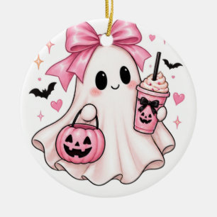 Süßer rosa Schleifen-Geist Halloween Keramik Ornament