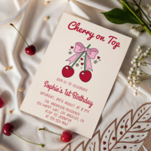 Süßer rosa Schleifen-Kirsch-Geburtstag zum 1. Gebu Einladung
