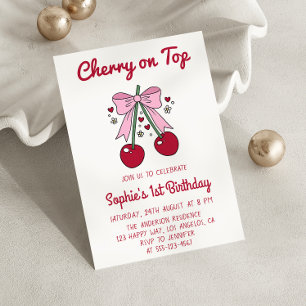 Süßer rosa Schleifen Kirsche auf dem 1. Geburtstag Einladung