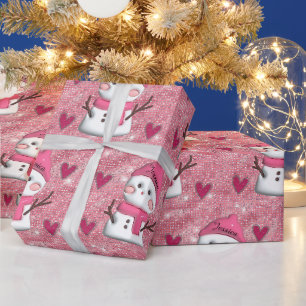 Süßer rosa Schneemann Herzen Personalisierter Name Geschenkpapier