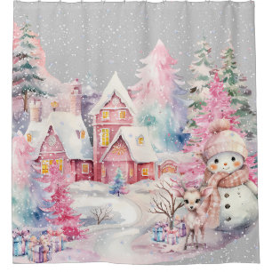 Süßer rosa Schneemann Winter-Wunderland Duschvorhang