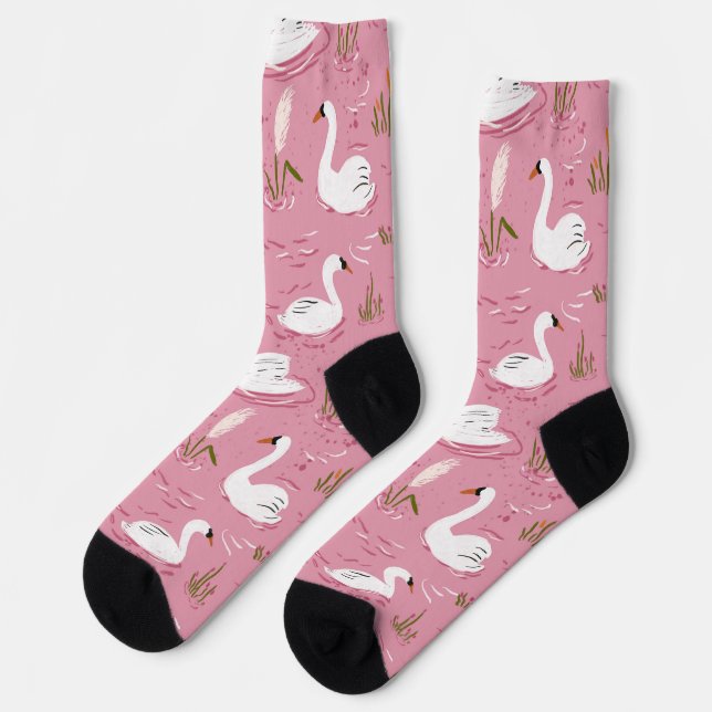 Süßer Rosa Schwan Nahtloses Muster Socken (Linkes Detail)