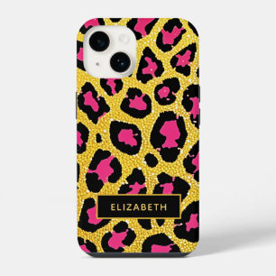 Süßer Rosa Schwarz Gold Glitter Leoparden Druck Na iPhone 14 Hülle