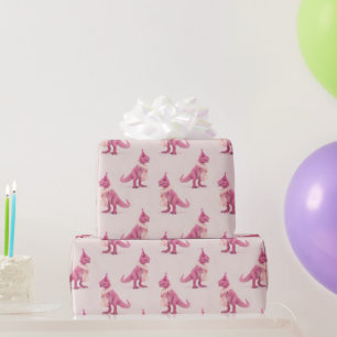 Süßer rosa T-Rex-Dinosaurier mit Boa und Partyhut Geschenkpapier