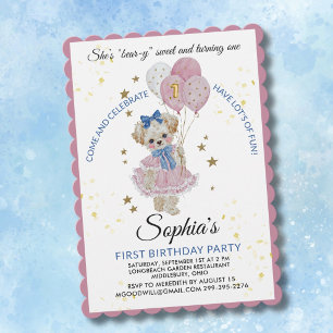 Süßer rosa Teddybär zum ersten Geburtstag Mädchen Einladung