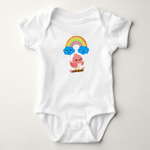 Süßer Rosa Vogel und Regenbogen Baby Jersey Bodysu Strampler