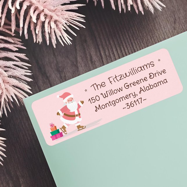 Süßer rosa Weihnachtsmann beim Eislaufen  (Cute Pink Christmas Santa Claus Ice Skating Label)