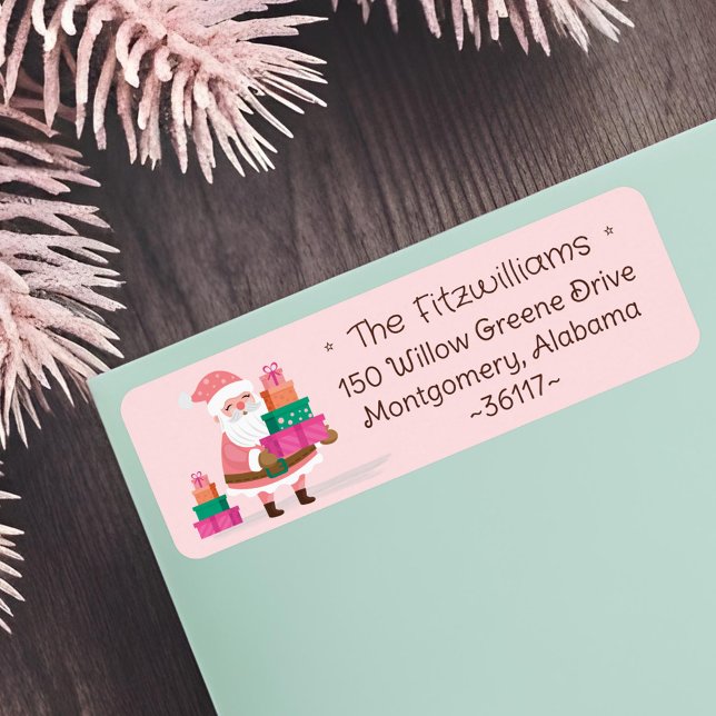 Süßer rosa Weihnachtsmann mit Geschenken (Cute Pink Christmas Santa Claus Holding Presents Label)