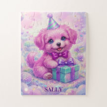 Süßer Rosa Welpe Personalisierter Name Puzzle
