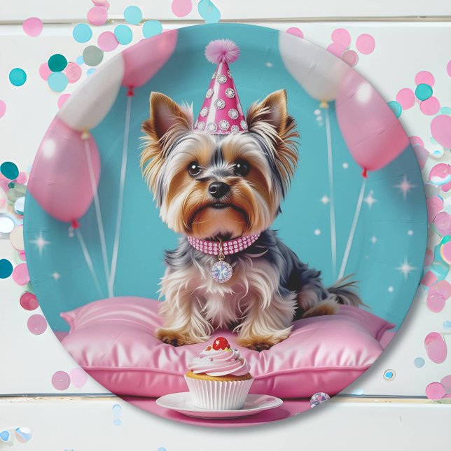 Süßer rosa Yorkie Geburtstag Pappteller (Von Creator hochgeladen)