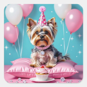 Süßer rosa Yorkie Geburtstag Quadratischer Aufkleber