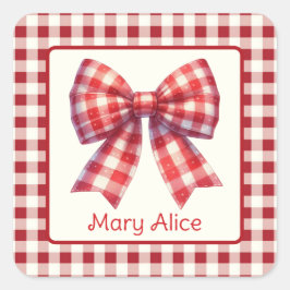 Süßer Rot-Creme-Gingham-Bogen Quadratischer Aufkleber