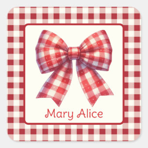 Süßer Rot-Creme-Gingham-Bogen Quadratischer Aufkleber