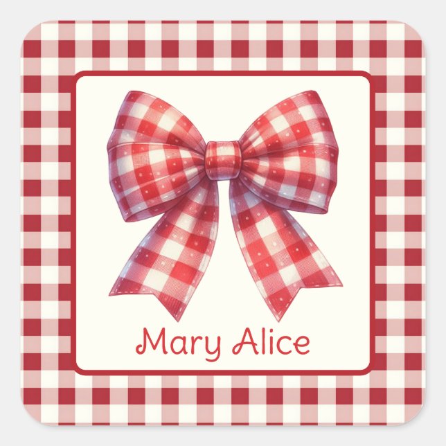 Süßer Rot-Creme-Gingham-Bogen Quadratischer Aufkleber (Vorderseite)