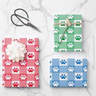 Süßer Rot Grün Blau Gingham Pfotenabdruck Muster Geschenkpapier Set
