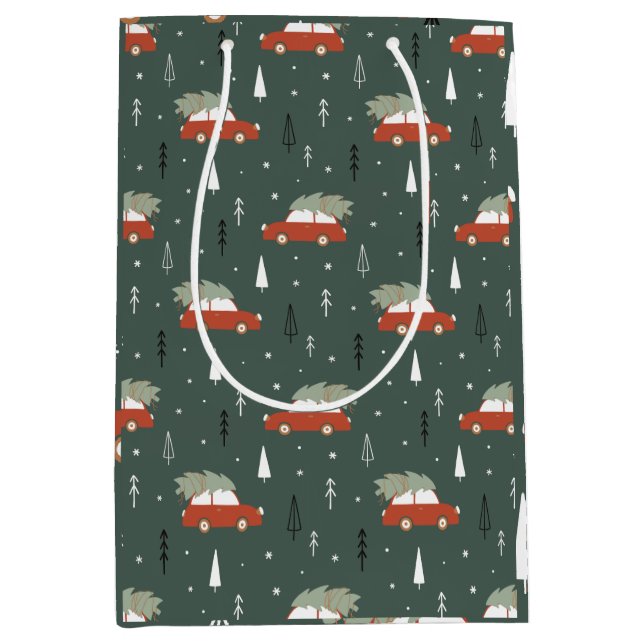Süßer roter Auto-Weihnachtsbaum-Winter-Pattern Mittlere Geschenktüte (Vorderseite)