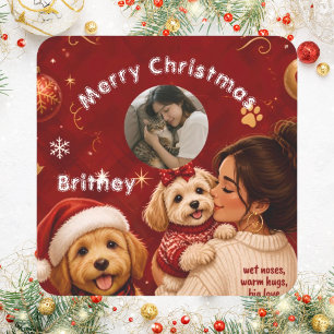 Süßer roter burgunderfroher Weihnachts-Hunde-Name- Quadratischer Aufkleber