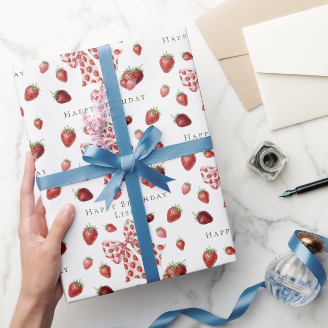Süßer roter Erdbeeren-Pink-Bow-Cute Geburtstag Geschenkpapier (Schenken)