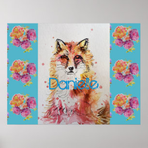 Süßer Roter Fuchs Tier Türkise Rose Rosen Poster