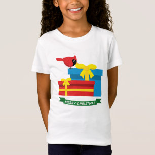 Süßer roter Kardinal öffnet ein blaues Geschenk T-Shirt