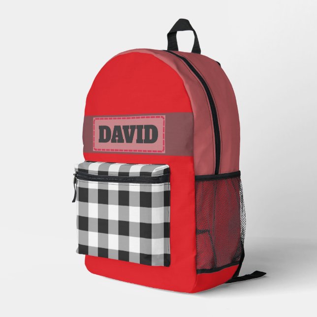 Süßer roter Monogramm-Patch mit Büffelkaromuster Bedruckter Rucksack (Rückseitige Ecke Rechts)