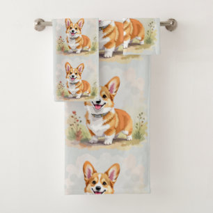 Süßer roter Pembroke Welsh Corgi Hund Badhandtuch Set