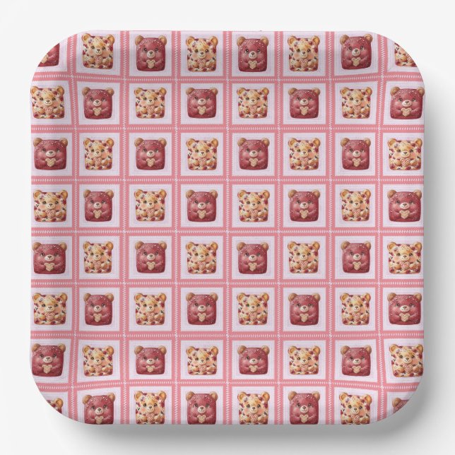 Süßer Roter Samt Patchwork-Keks-Teddybär Pappteller (Vorderseite)