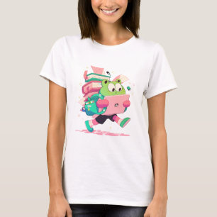 Süßer Rückkehr-zur-Schule-Frosch mit Büchern und R T-Shirt