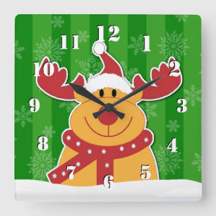 Süßer Rudolph im Schnee grünes Weihnachten Quadratische Wanduhr
