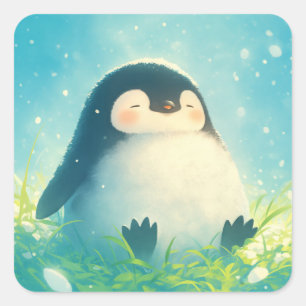 Süßer rundlicher Baby Pinguin ruht auf einer grüne Quadratischer Aufkleber