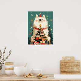 Süßer Samojede-Hund mit Weihnachtsfeiertag Poster