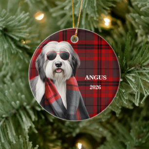 Süßer Schäferhund und rotes Karo personalisierter Keramik Ornament