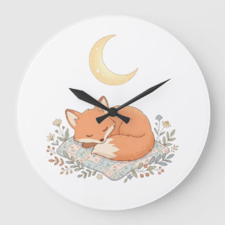 Süßer schlafender Fuchs auf Quilt unter dem Halbmo Große Wanduhr