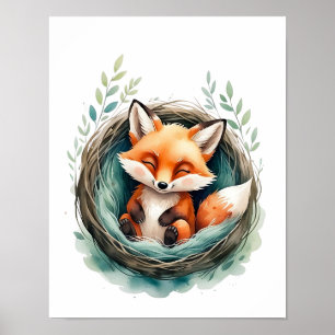Süßer Schlafender Fuchs Gebettet Wasserfarben-Illu Poster