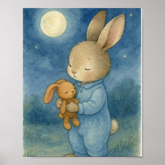Süßer schlafender Hase & Teddy Mondlicht-Aquarell  Poster
