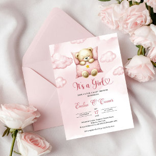 Süßer schlafender Teddybär It's a Girl Baby Shower Einladung