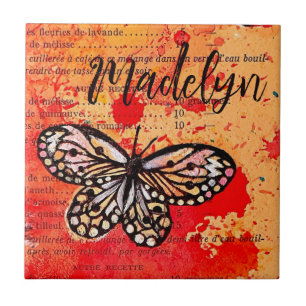Süßer Schmetterling Aquarell Vintage Boho Namen Fliese