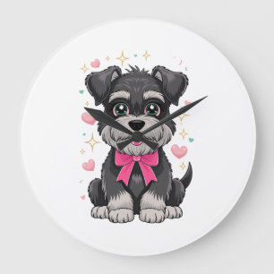 Süßer Schnauzer mit rosa Schleife umgeben von Herz Große Wanduhr