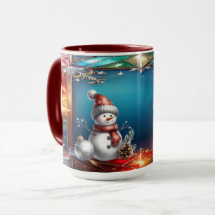 Süßer Schneemann in Buntglasrahmen Feiertags-Tasse Tasse