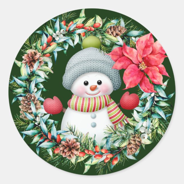 Süßer Schneemann-Kranz-Aufkleber Runder Aufkleber (Vorderseite)