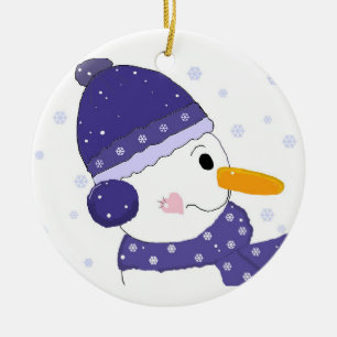 Süßer Schneemann mit blauem Hut und Schal Keramikornament
