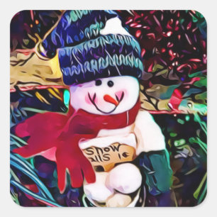 Süßer Schneemann mit Eimer Schneebällen Weihnachte Quadratischer Aufkleber
