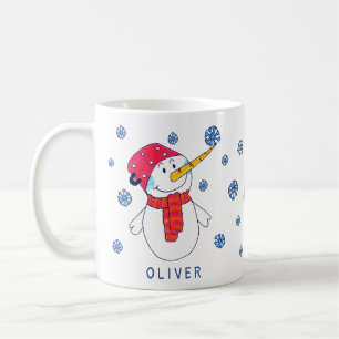 Süßer Schneemann mit Schneeflocken zeichnenden Kin Kaffeetasse